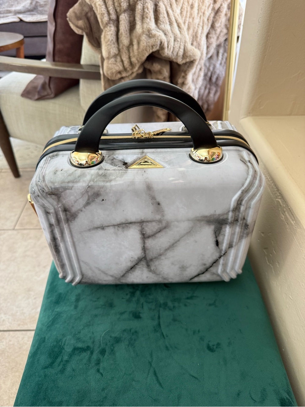Triforce Marble Print Structured Top-Handle Bag Cosmetic Make Up Travel Gold